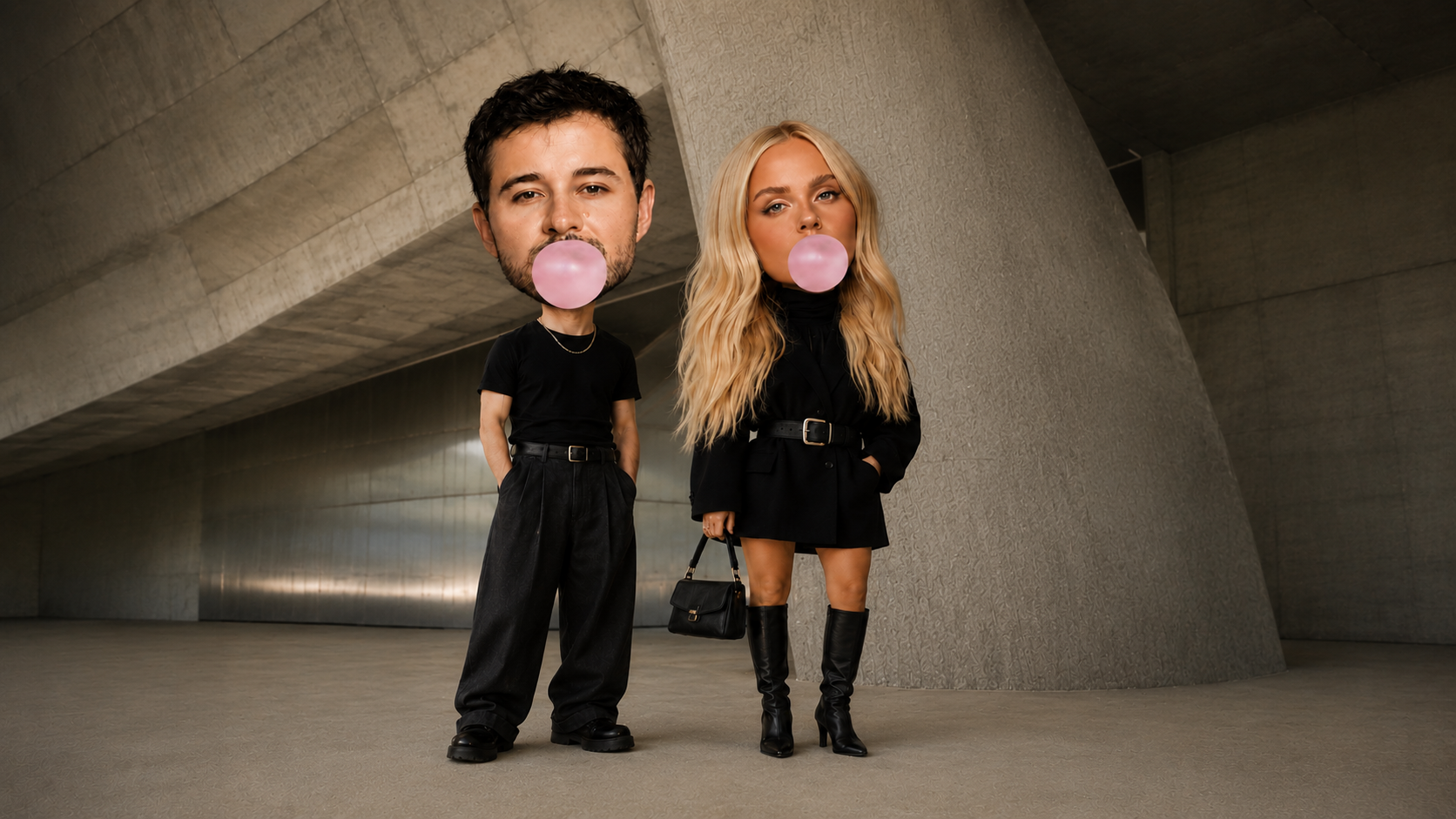 Rafael Bertolucci e Isa Solano em cenário arquitetônico